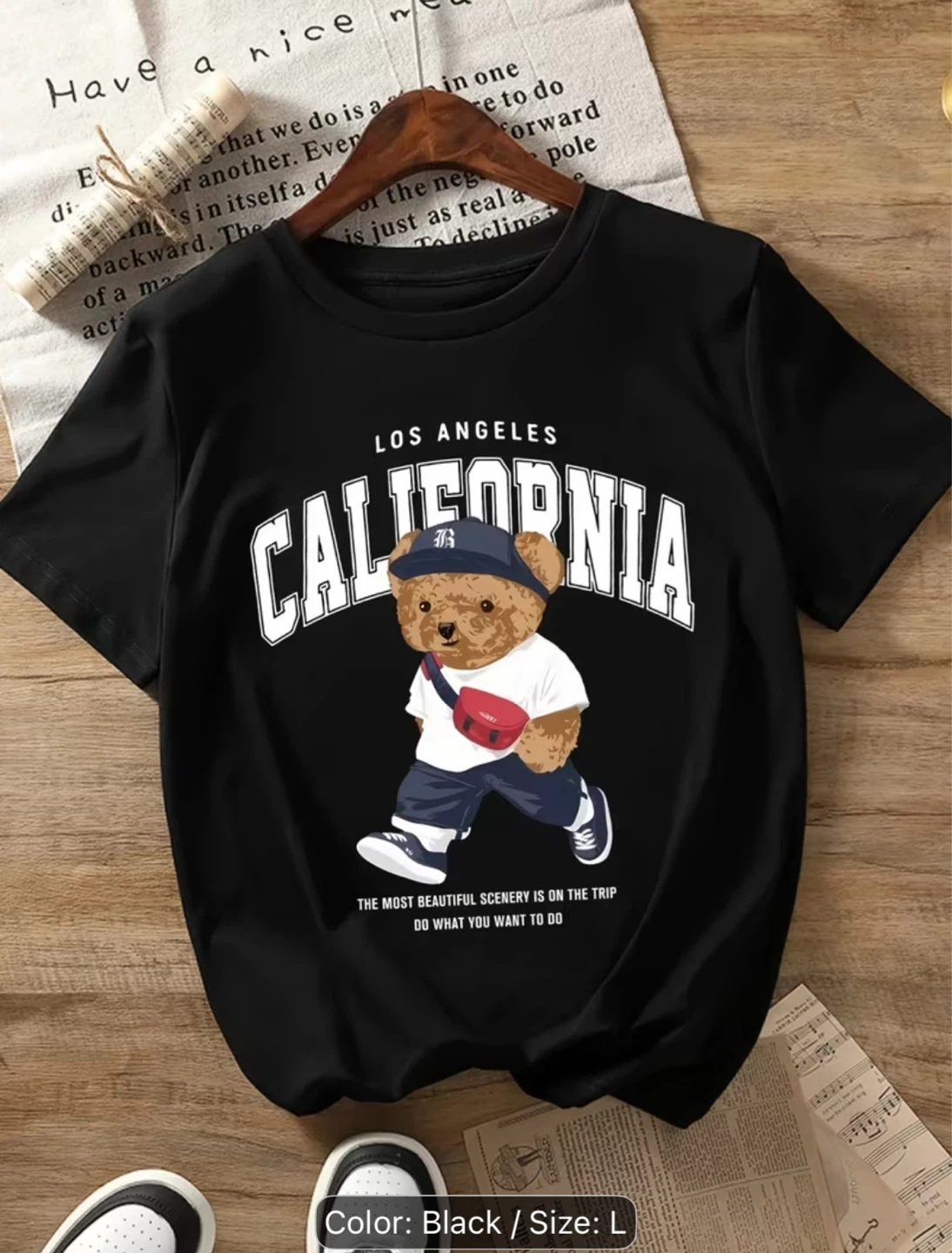 Black T-Shirt with Bear Graphic - Size M/L