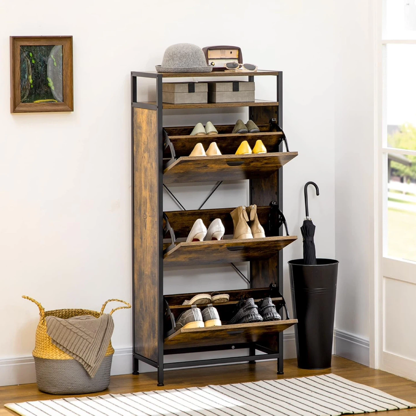 Rustic Wood and Metal Shoe Cabinet - photo 4