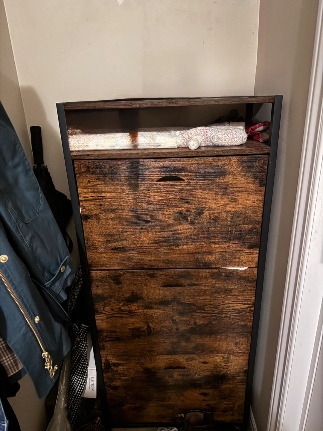 Rustic Wood and Metal Shoe Cabinet
