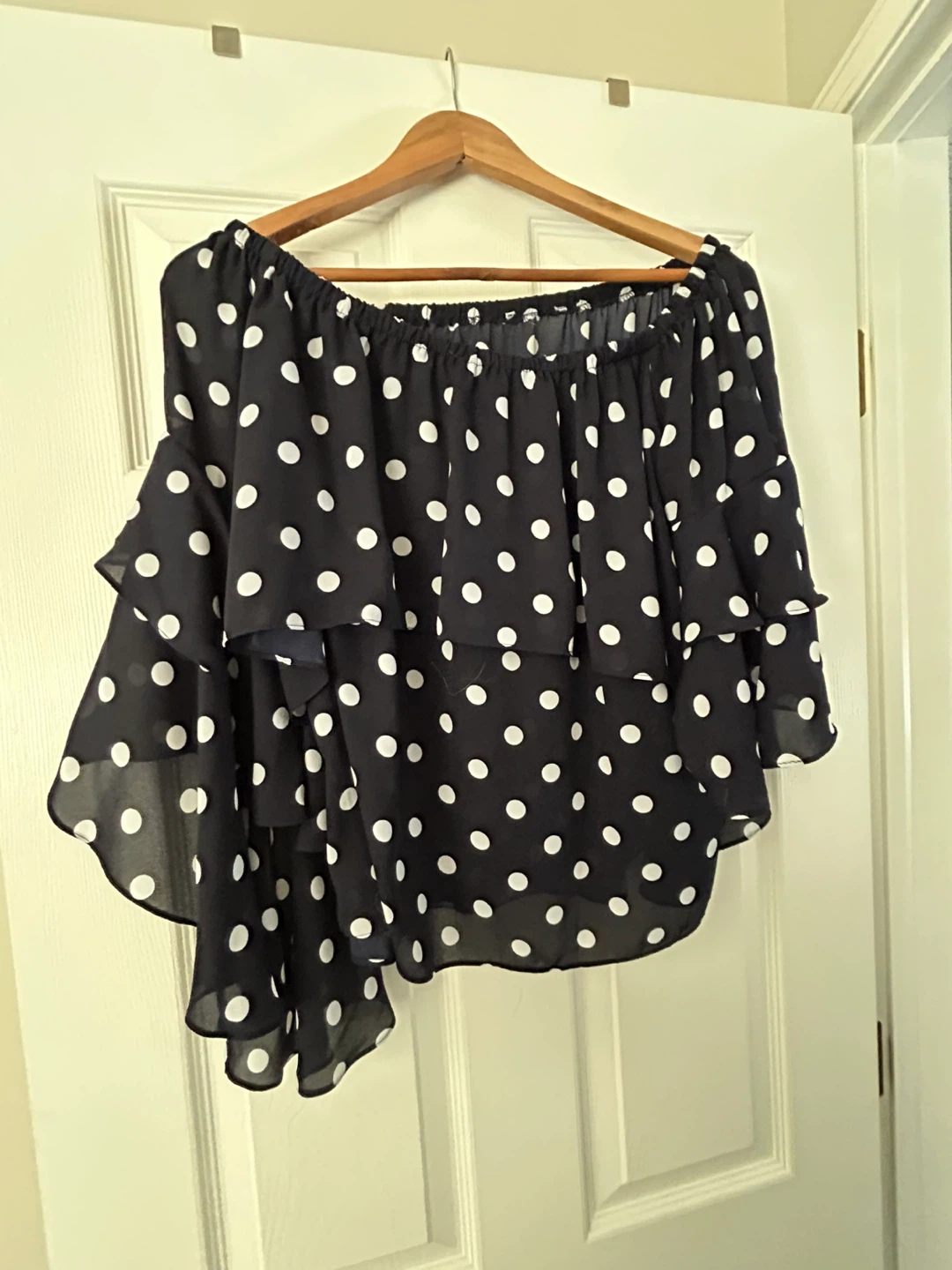 Navy s/m and White Polka Dot Off-the-Shoulder Blouse