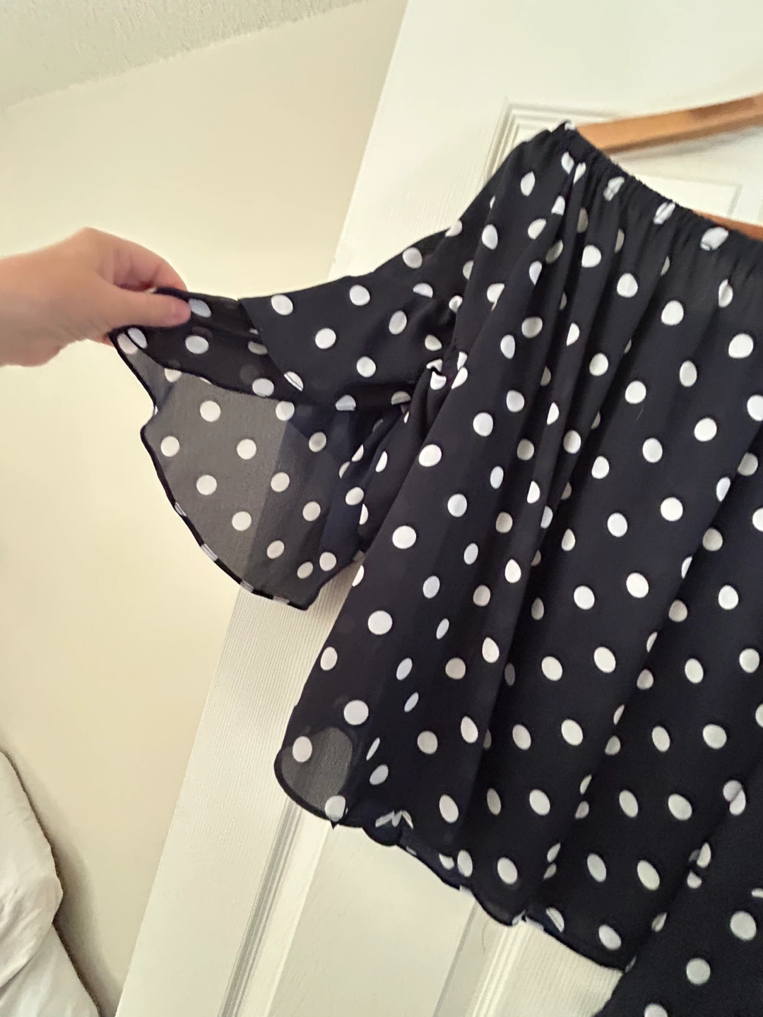 Navy s/m and White Polka Dot Off-the-Shoulder Blouse - photo 5