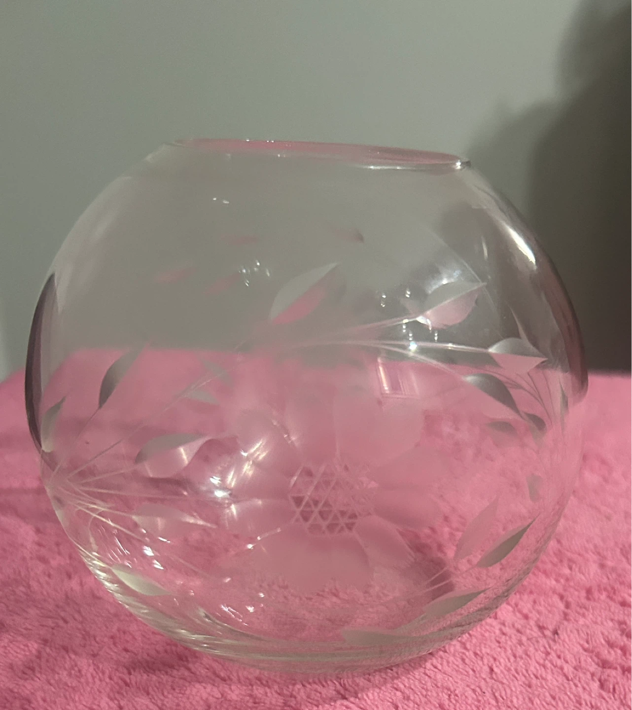 W.J. Hughes Cornflower Etched Crystal  Rose Bowl Vase