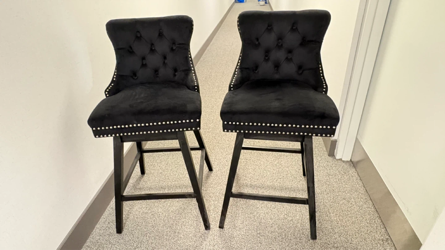 Vintage Set of 2 Movable Black Velvet Tufted Bar Stools
