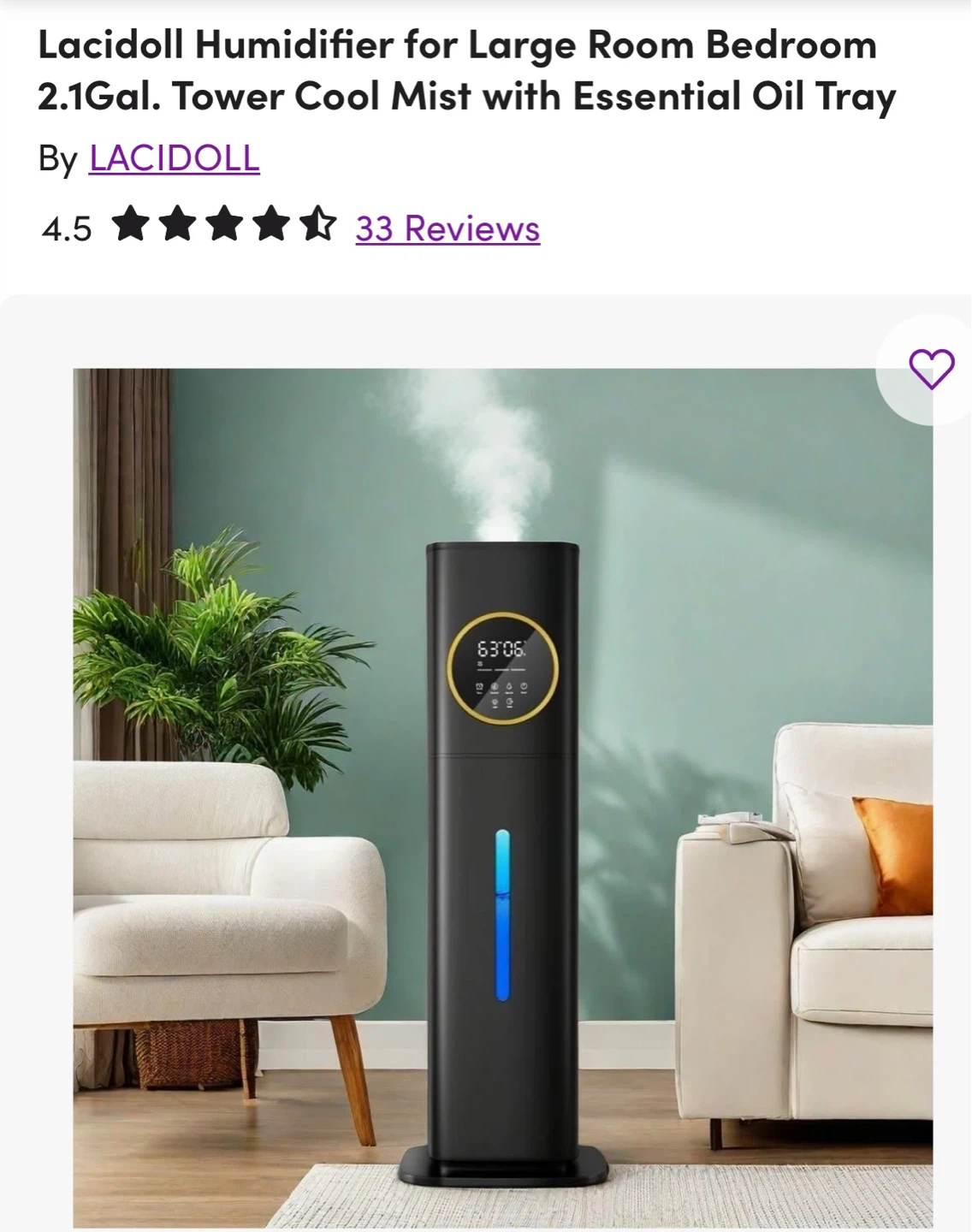 Humidifier for Large Room Bedroom 2.1Gal. Tower Cool Mist