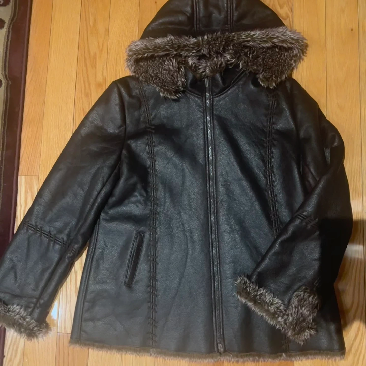 Vintage Leather Hooded Jacket with Fur Lining