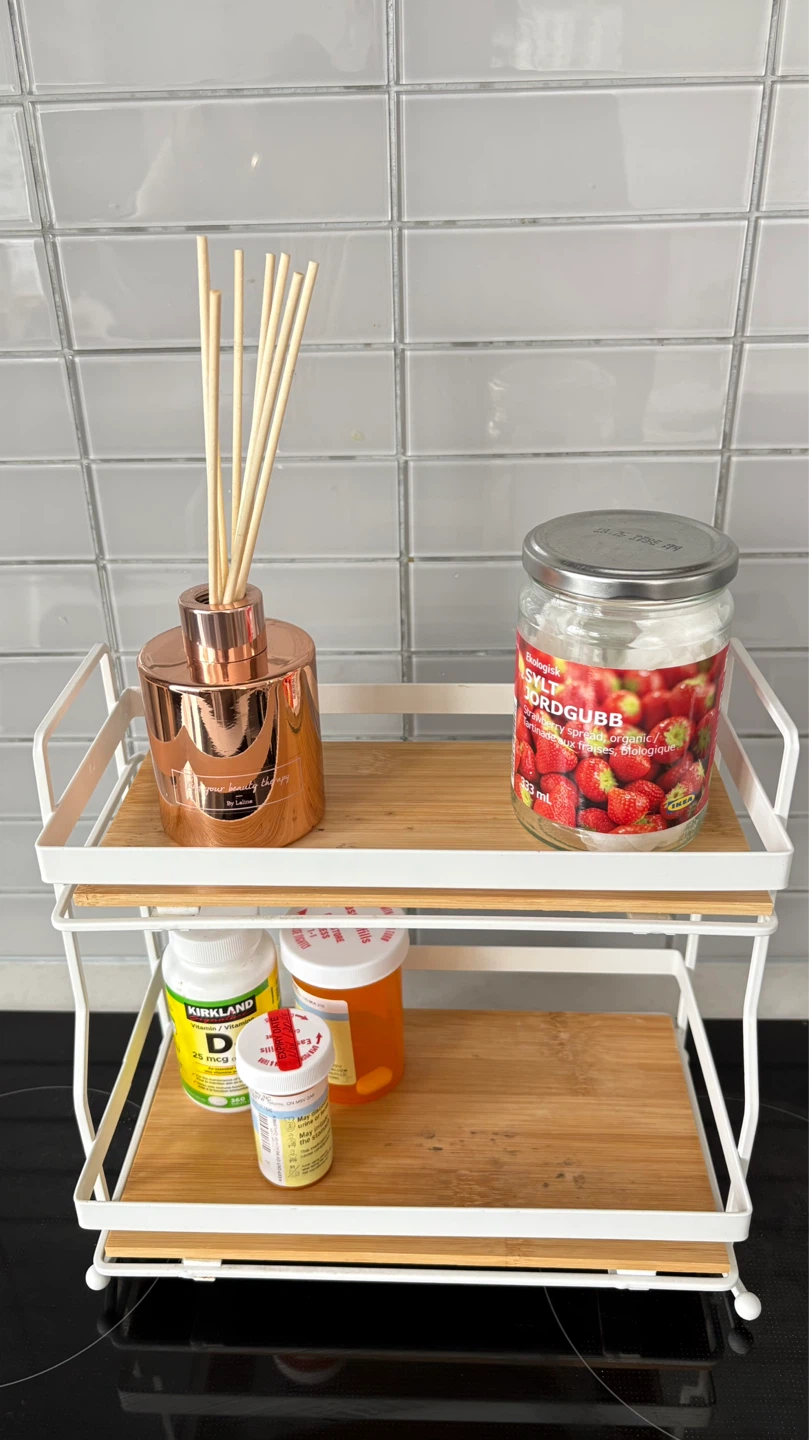 2-Tier White Metal & Wood Shelf Organizer
