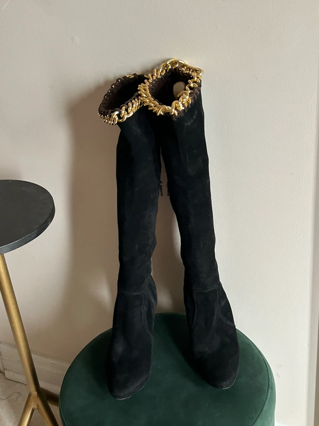 Black Suede Knee-High Boots with Gold Chain Detail - Size 9