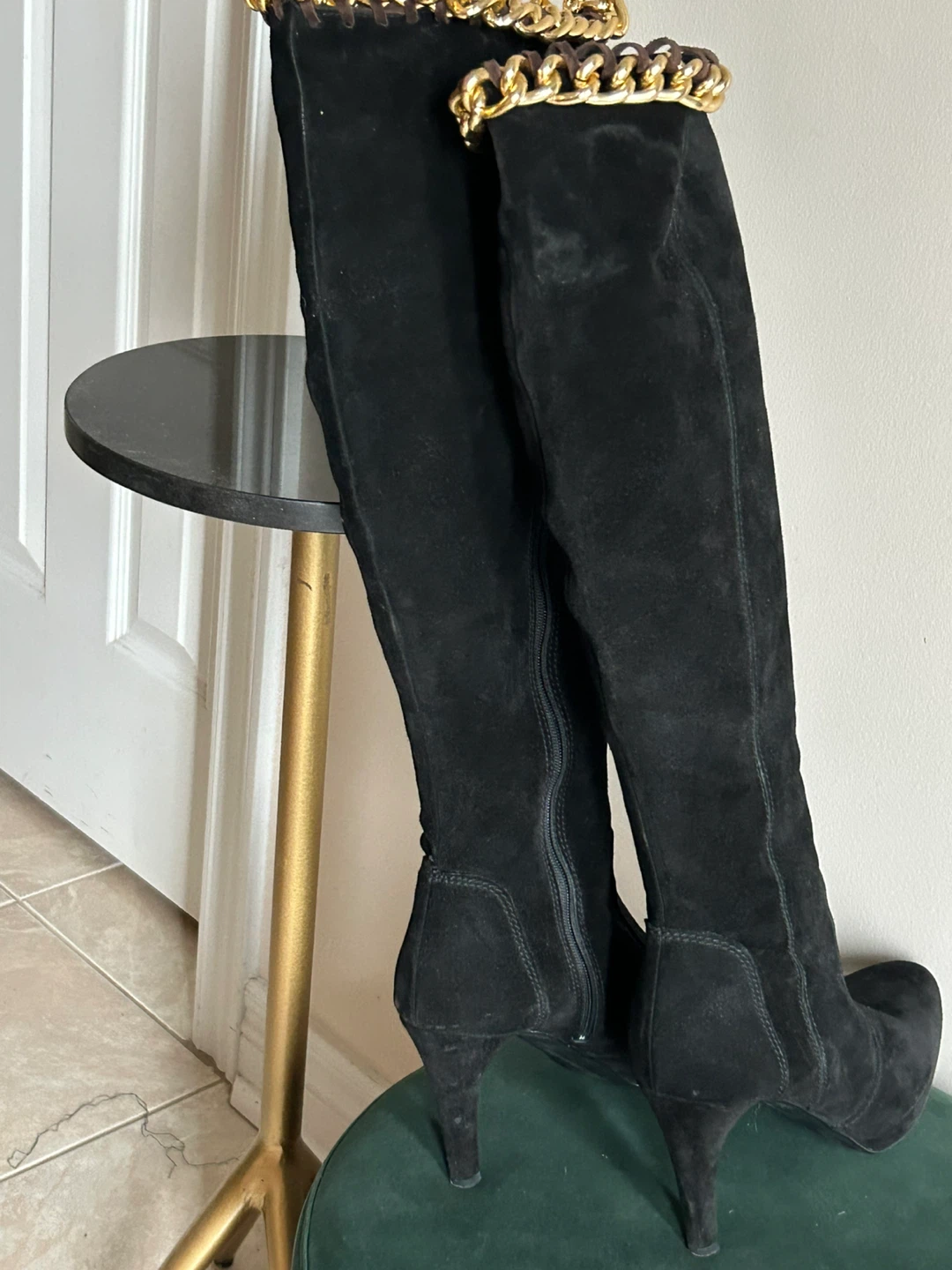 Black Suede Knee-High Boots with Gold Chain Detail - Size 9 - photo 2
