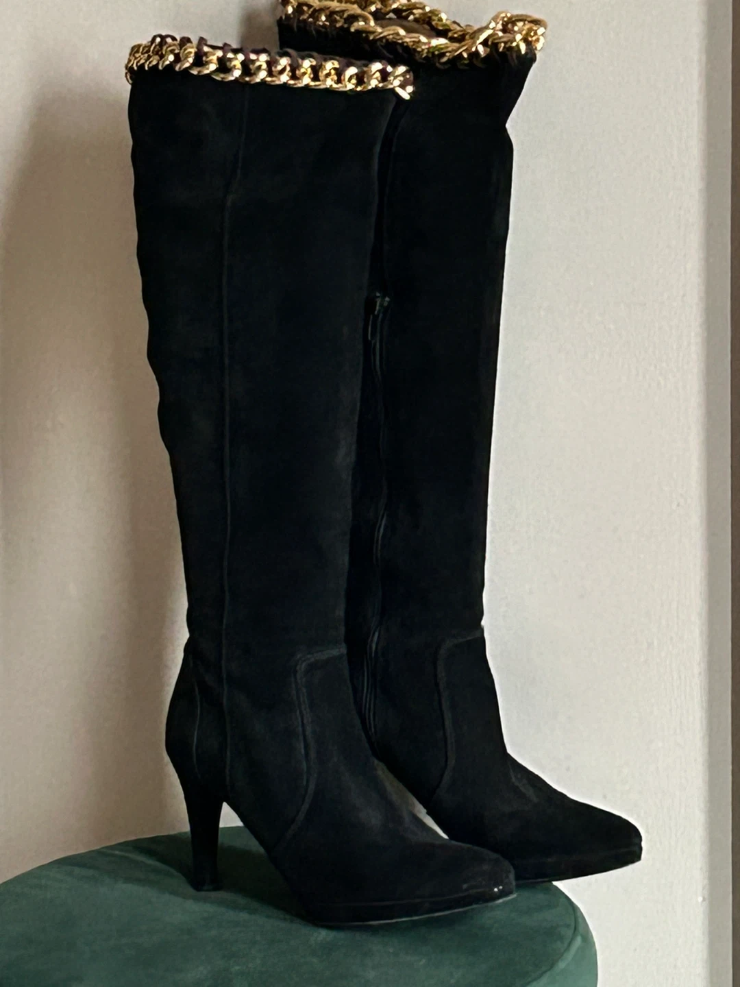 Black Suede Knee-High Boots with Gold Chain Detail - Size 9 - photo 3