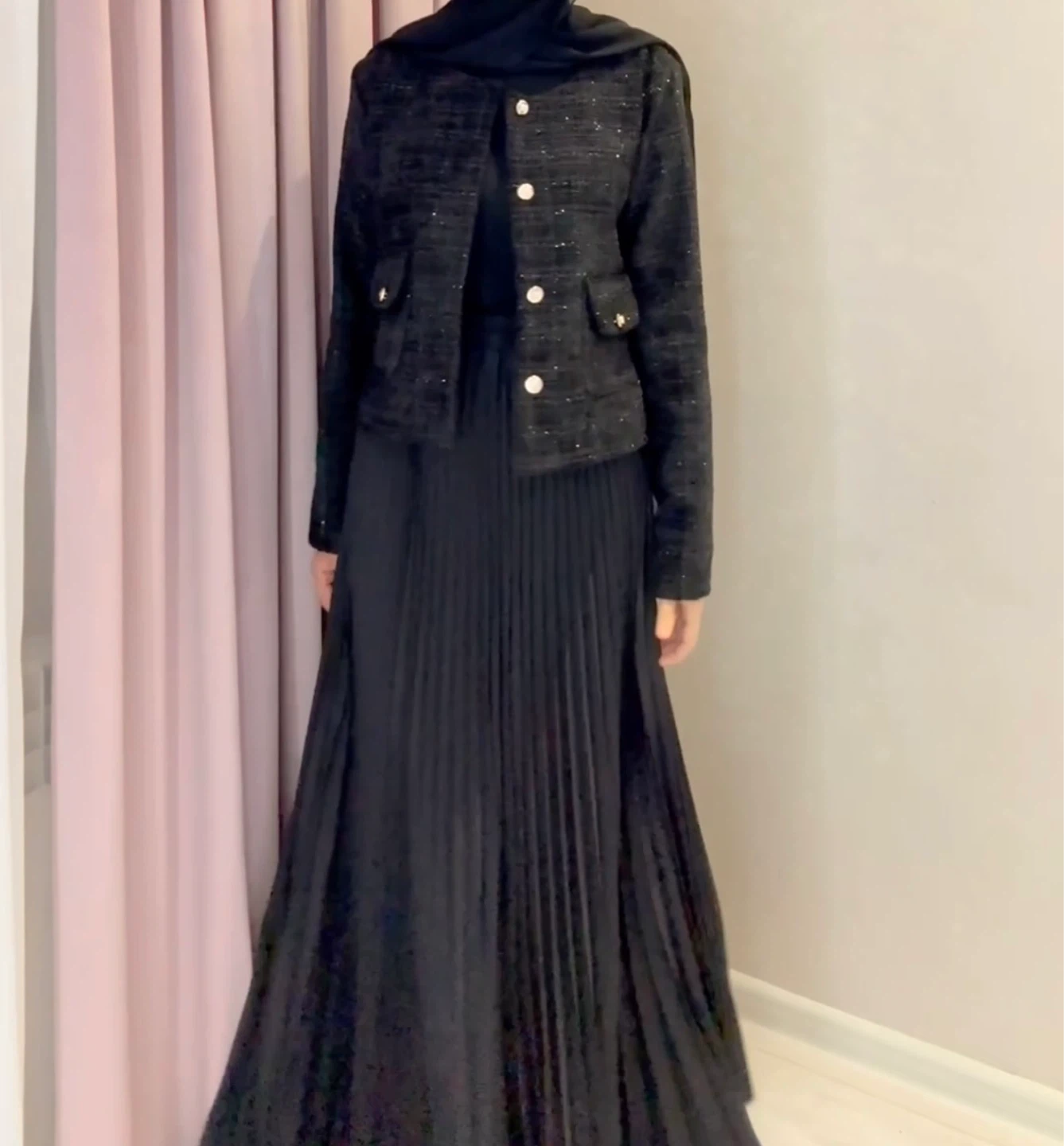 Black Textured Jacket and Pleated Skirt Set