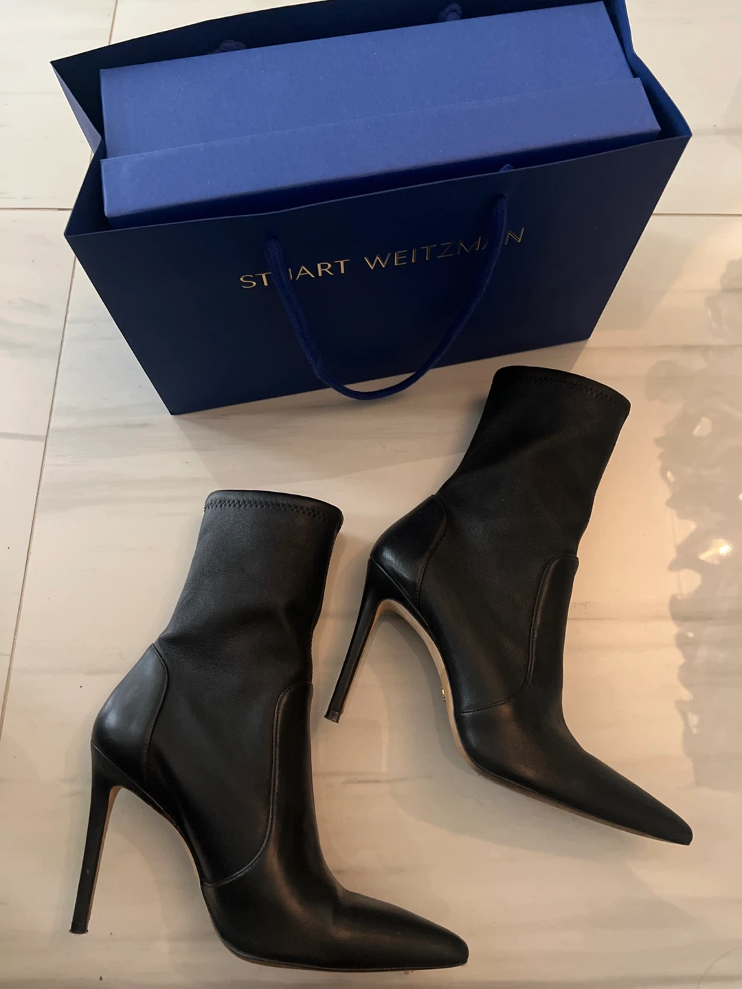 Stuart Weitzman Black Leather Pointed Toe Ankle Boots