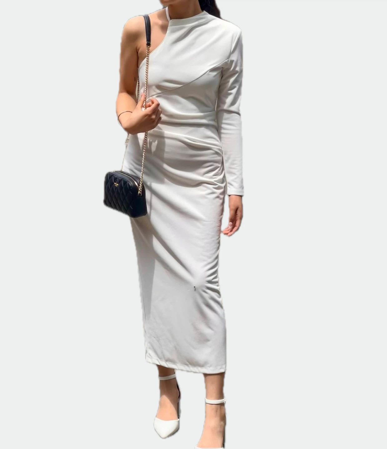 ZARA White One-Shoulder Ruched Midi Dress Size M