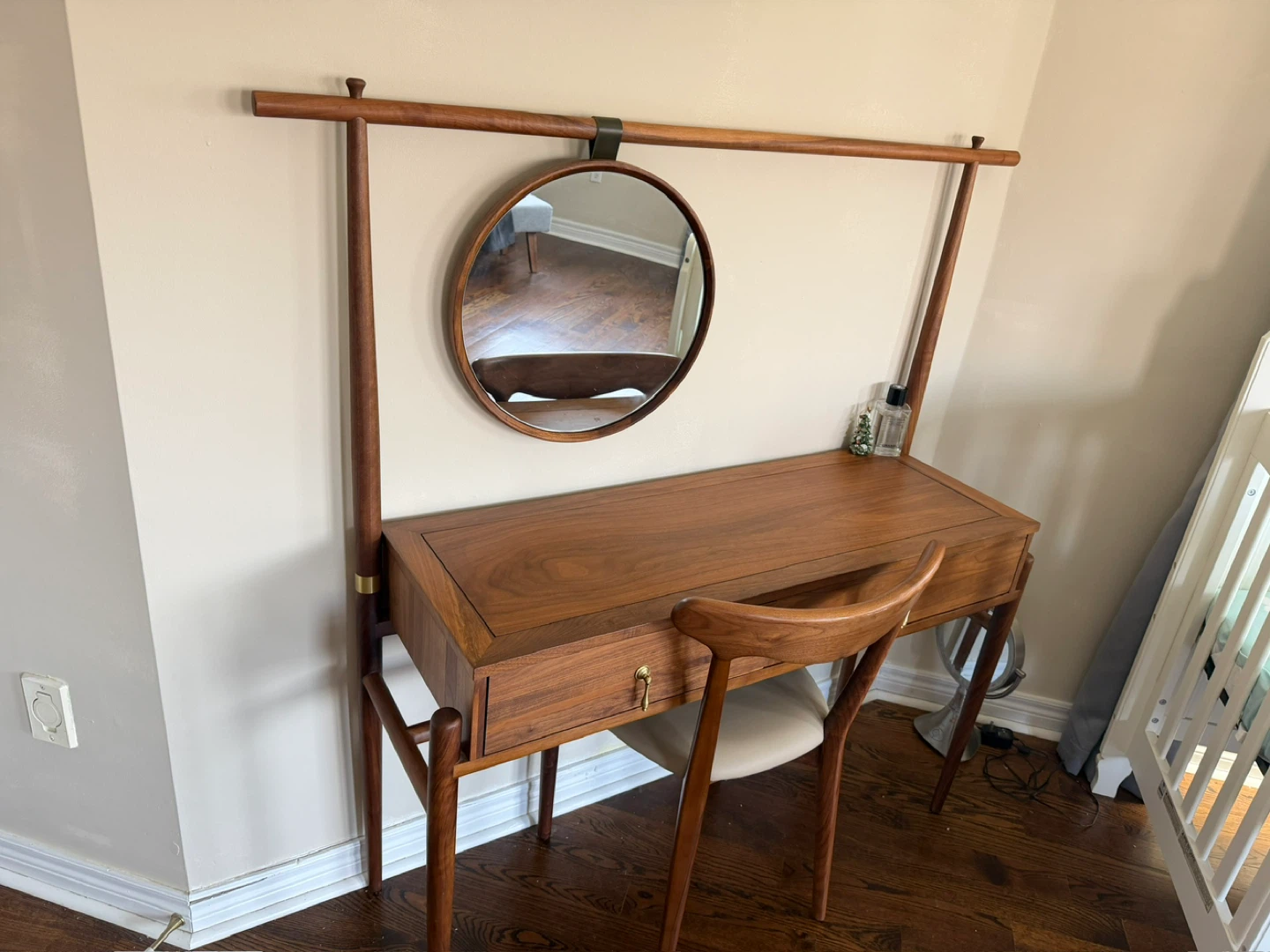 Mid-Century Modern Walnut Vanity Desk with Mirror