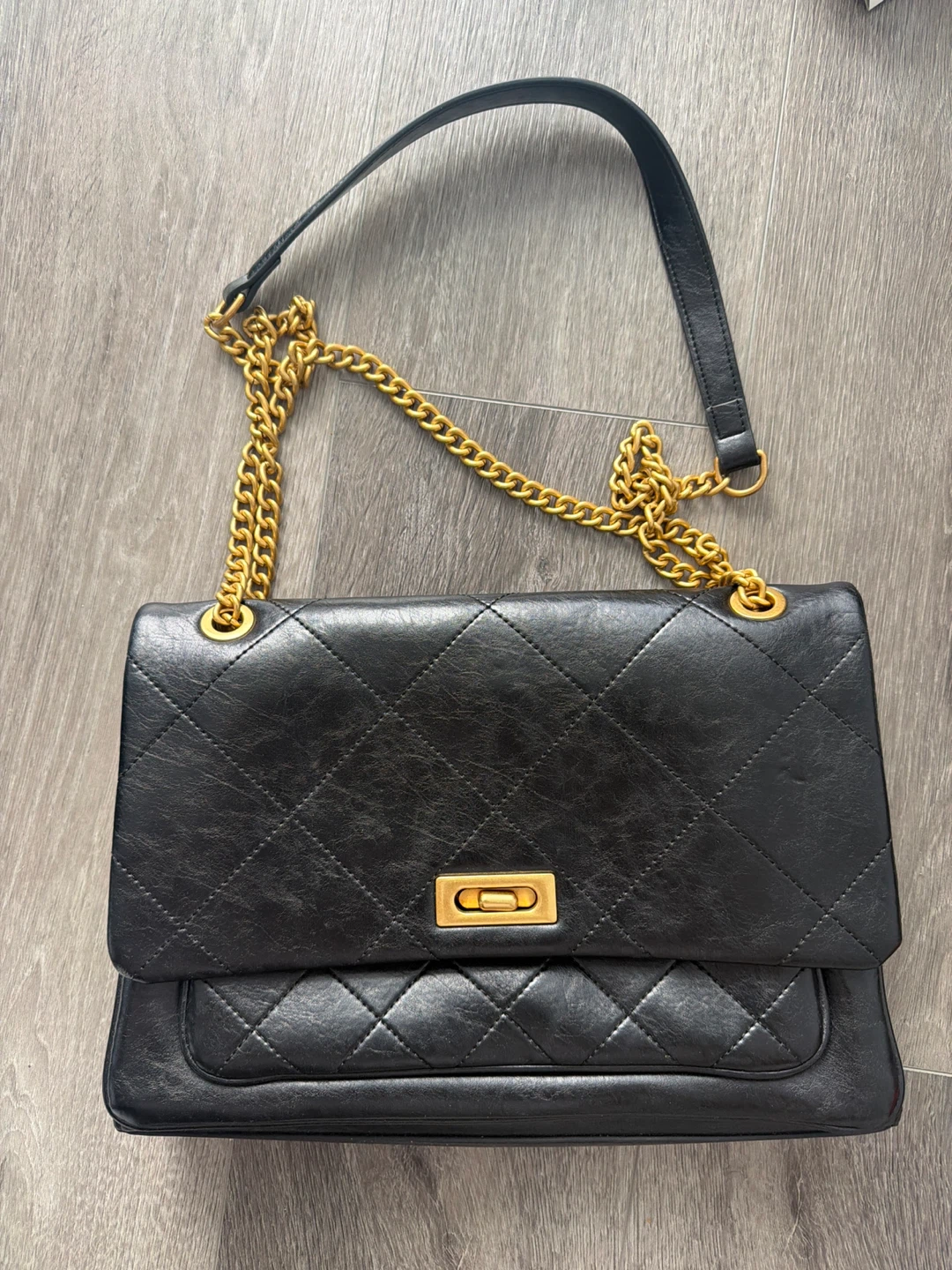 Black Quilted Shoulder Bag with Gold Chain
