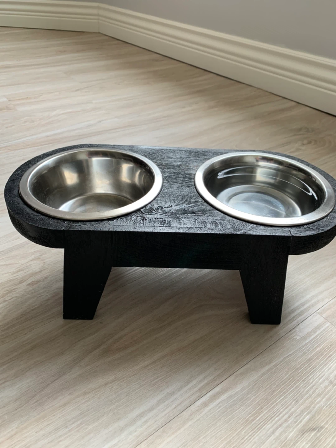 Dark Wood Pet Bowl Stand with Stainless Steel Bowls