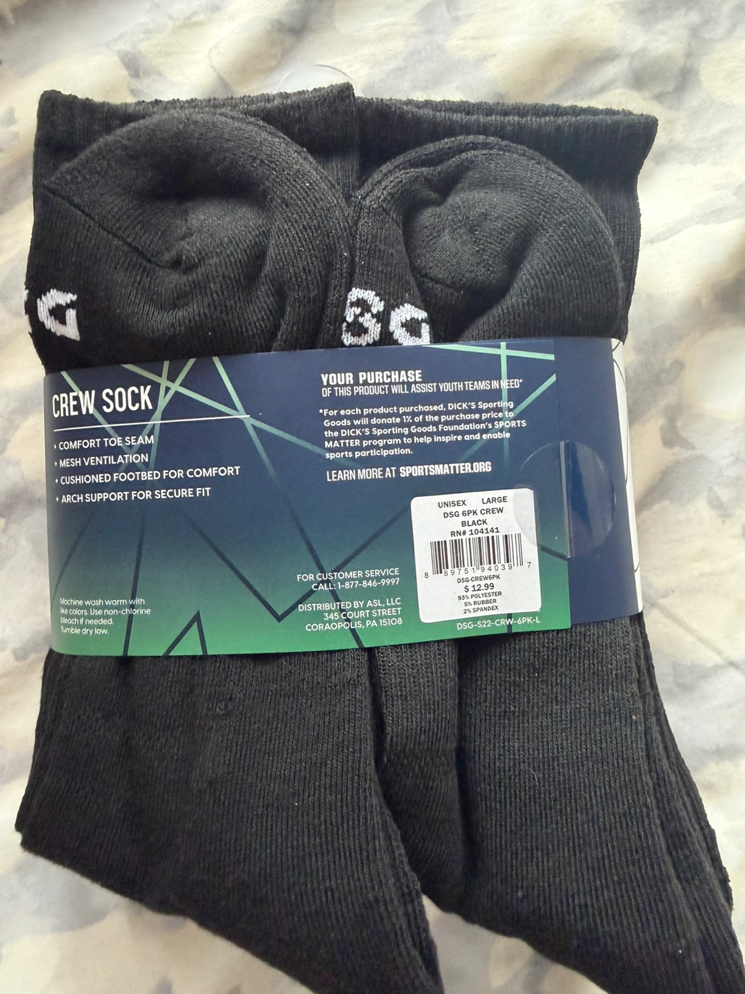 DSG Crew Socks - Men's Size L - 6 Pack - Black - photo 2