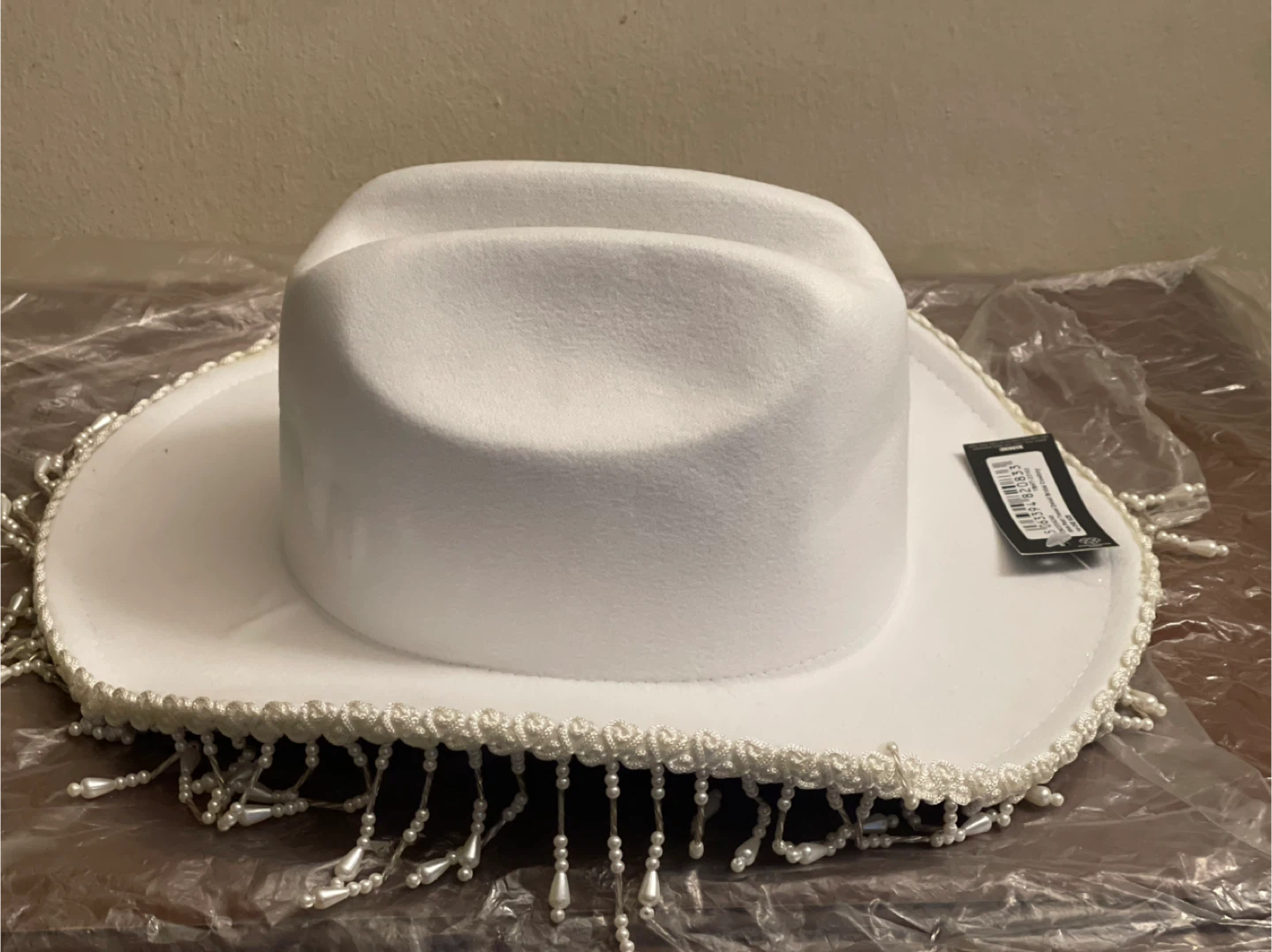 White Cowboy Hat with Pearls and Fringe