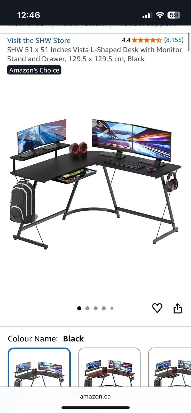 SHW L-Shaped Desk with Monitor Stand and Drawer - Black
