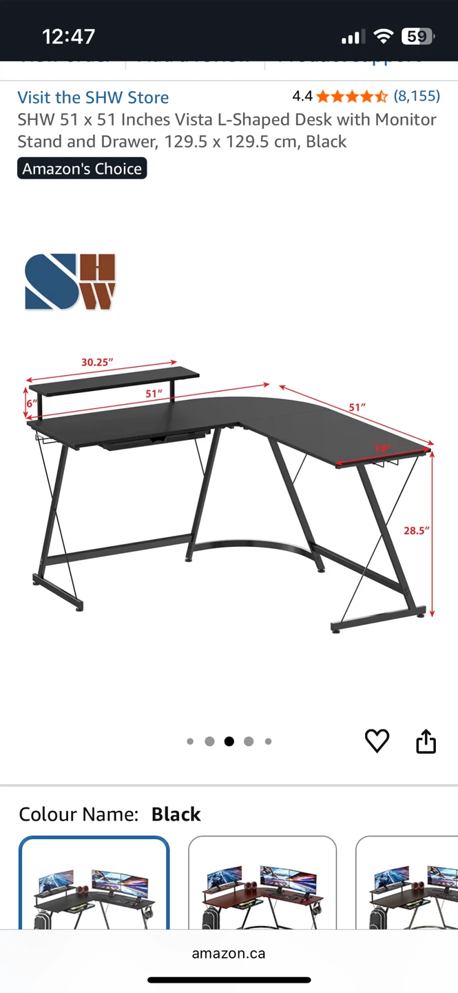 SHW L-Shaped Desk with Monitor Stand and Drawer - Black - photo 3