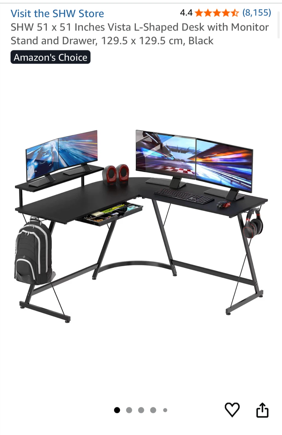 SHW L-Shaped Desk with Monitor Stand and Drawer - Black - photo 5