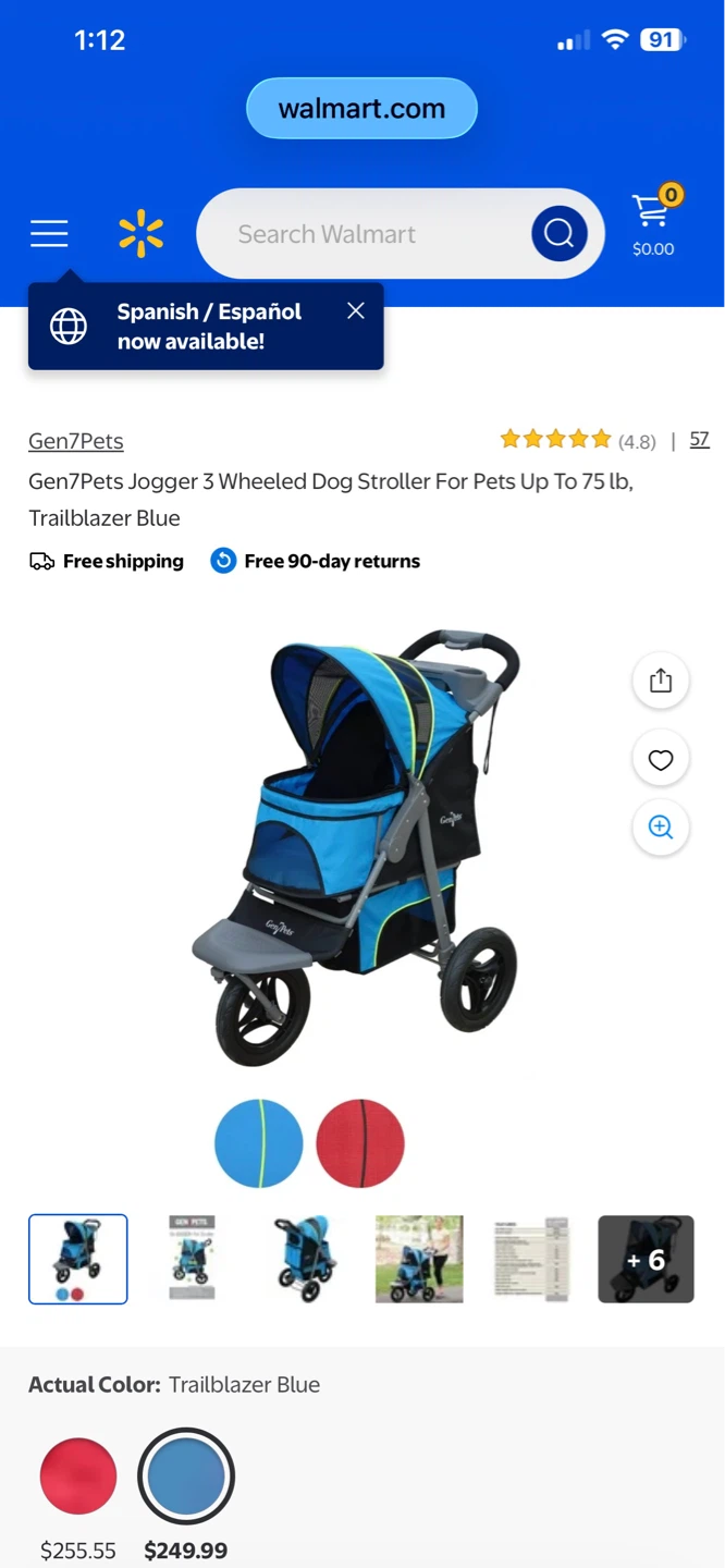 Gen7Pets 3-wheeled dog stroller in blue. Supports up to 75 lbs.