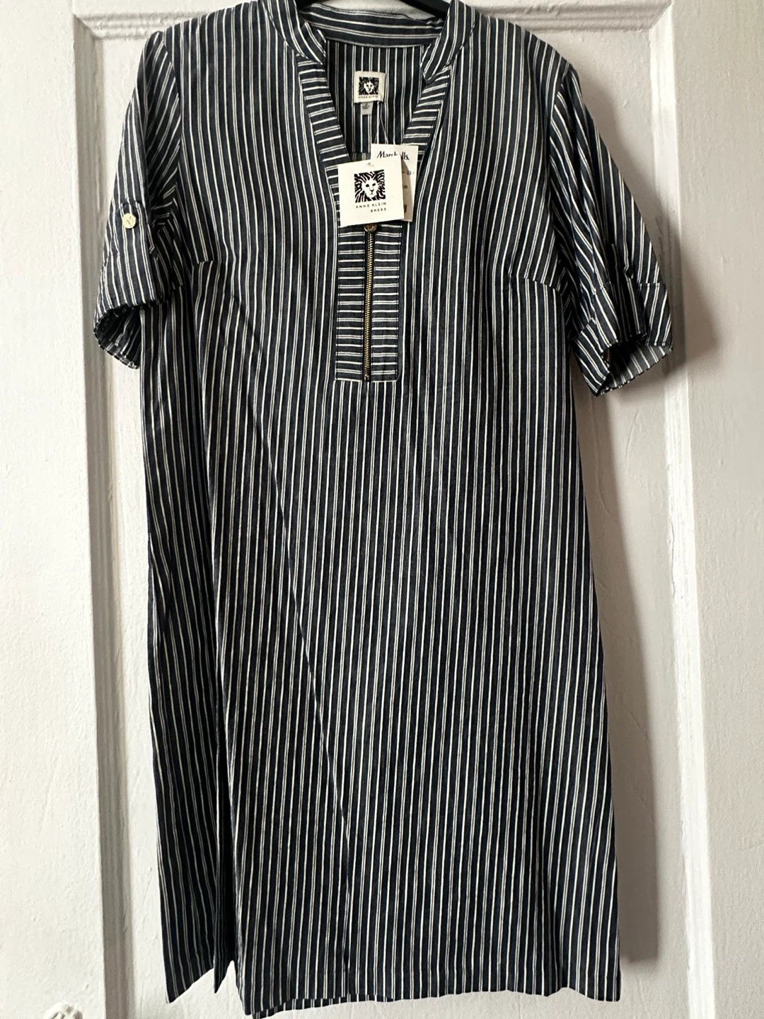 Anne Klein Striped V-Neck Zip Dress