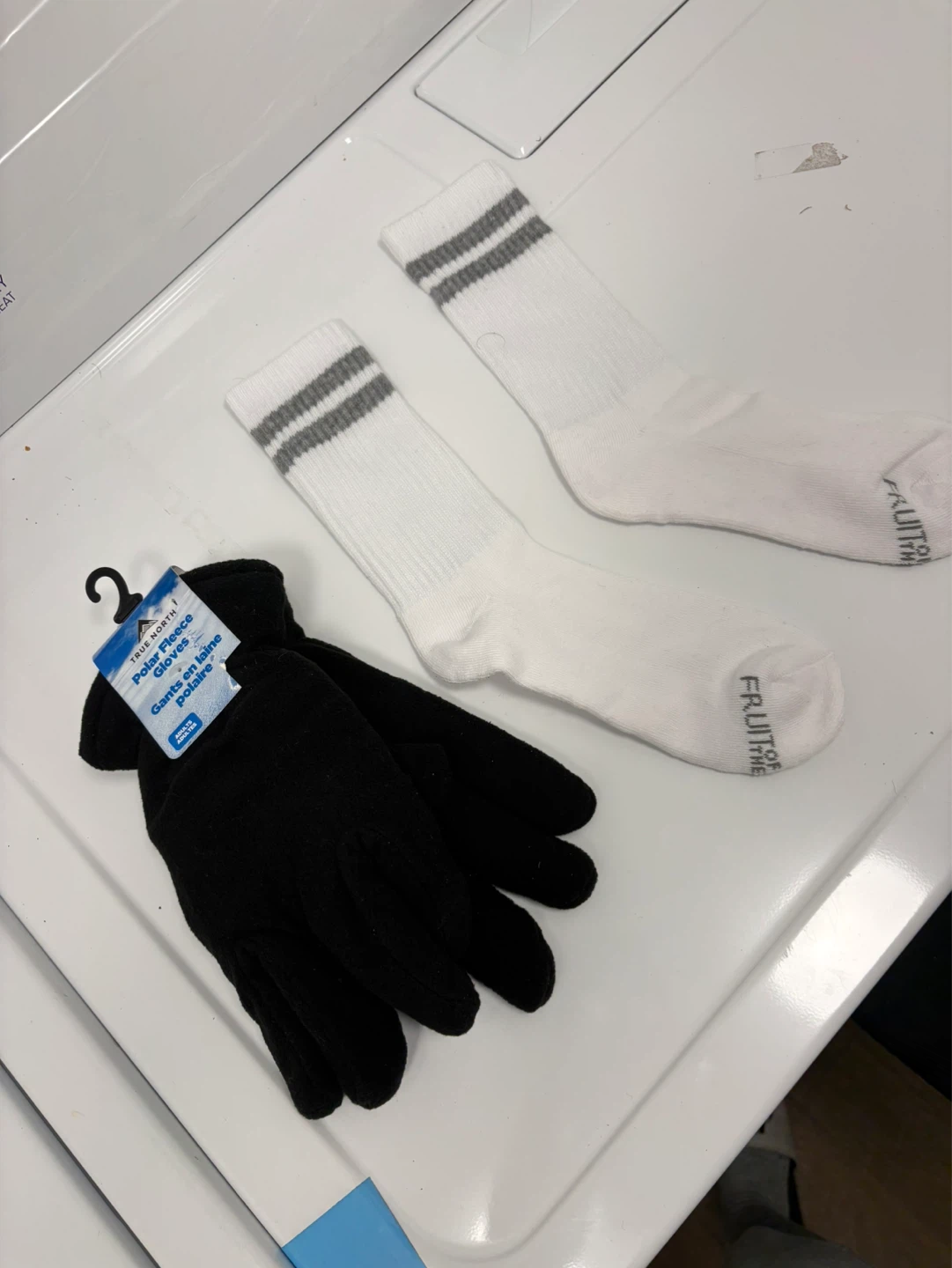 Fruit of the Loom White Socks & Black Fleece Gloves