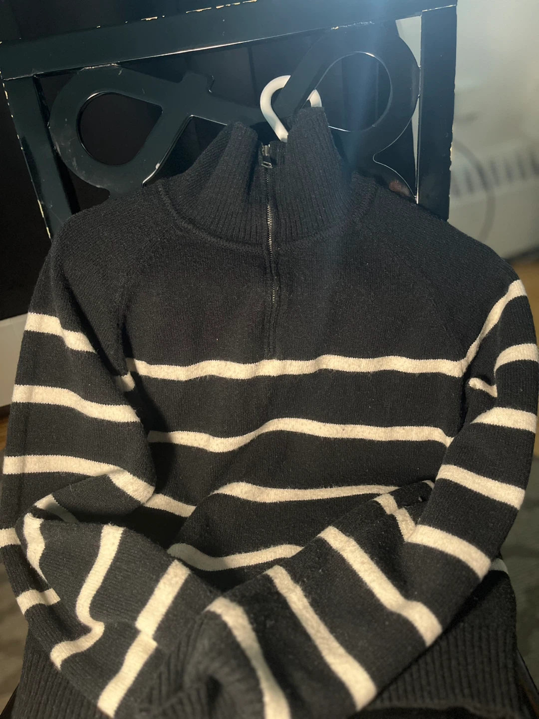 Black and White Striped Quarter-Zip Sweater - photo 3