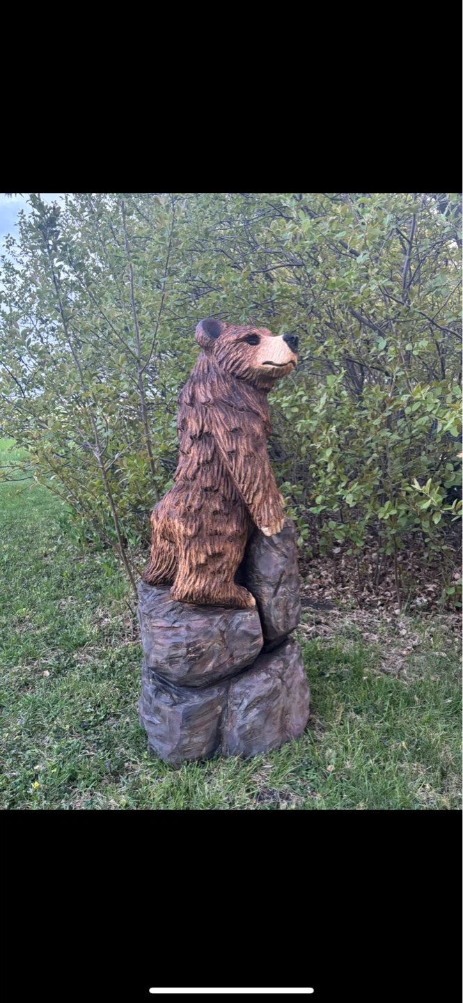 Hand Carved Wooden Bear Sculpture on Rocks - photo 2