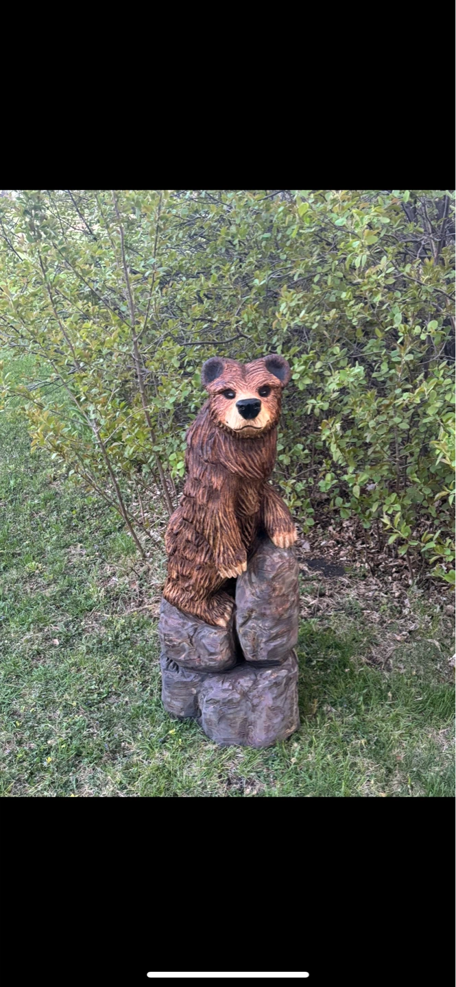 Hand Carved Wooden Bear Sculpture on Rocks - photo 3