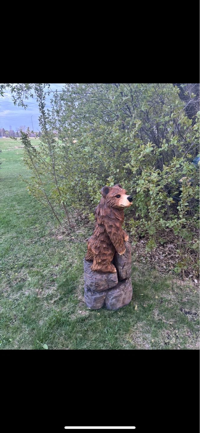 Hand Carved Wooden Bear Sculpture on Rocks - photo 5