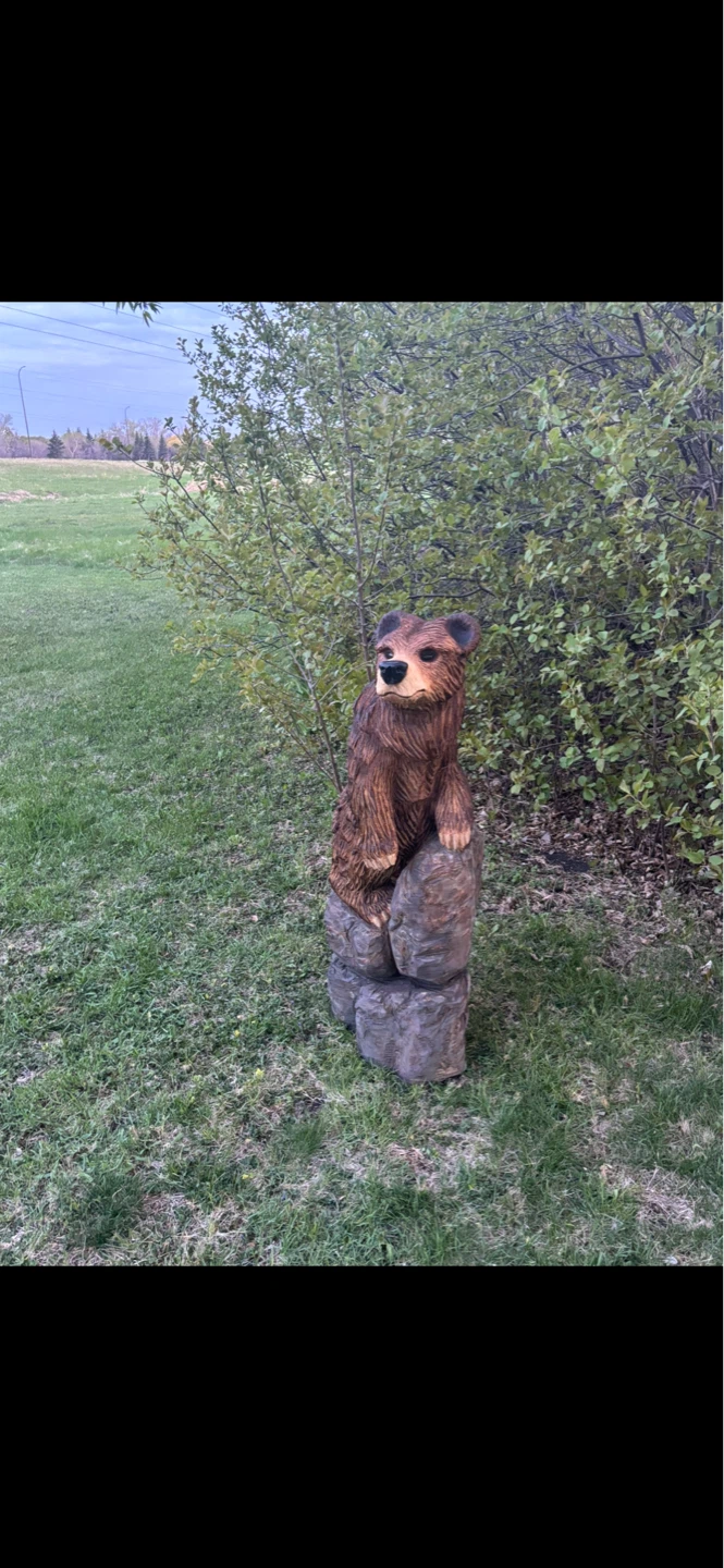 Hand Carved Wooden Bear Sculpture on Rocks - photo 4