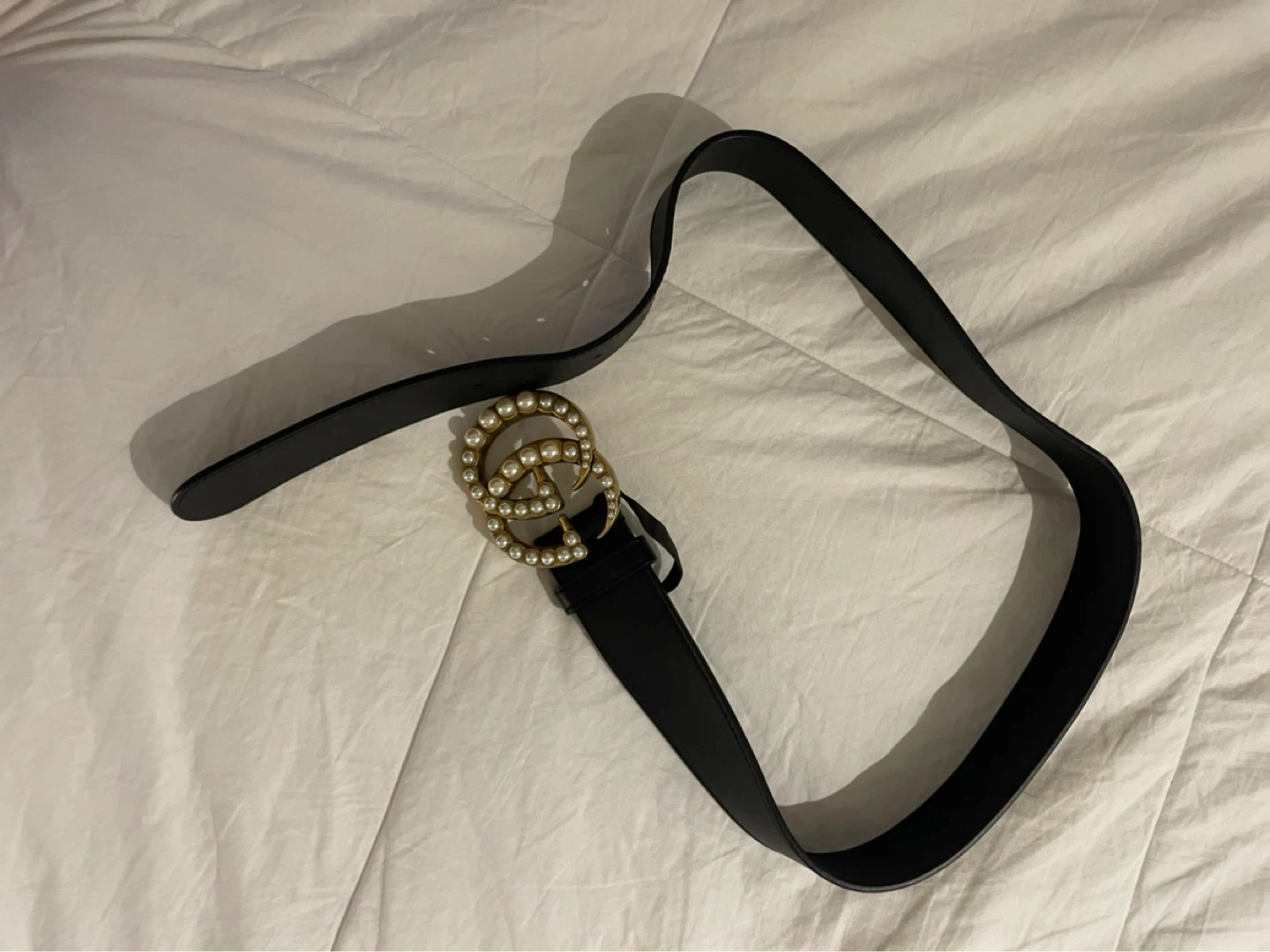 Gucci Black Leather Pearl Double G Belt