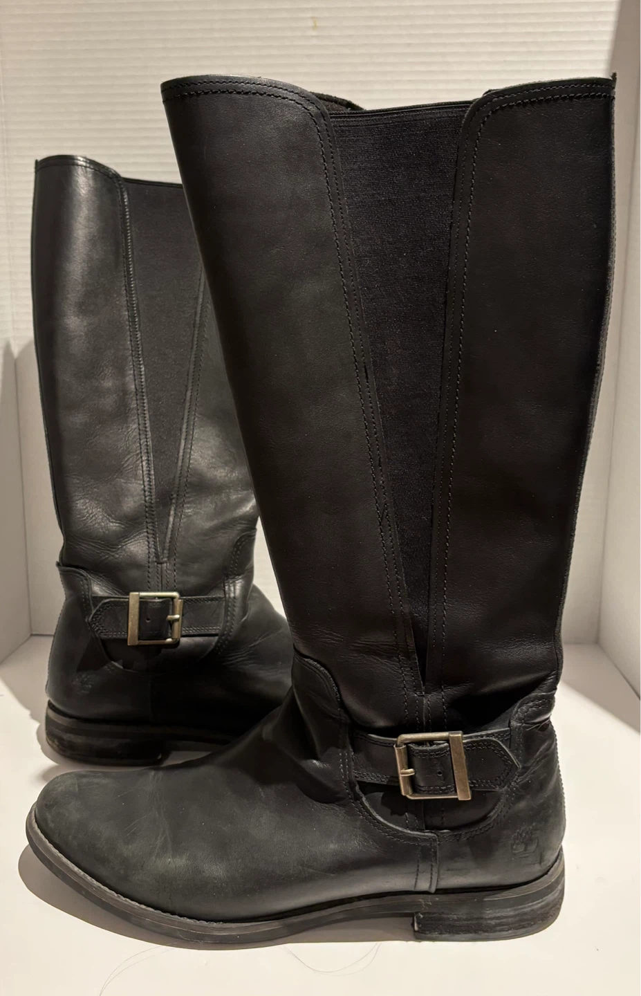 Timberland Black Leather Knee-High Boots with Buckle Detail