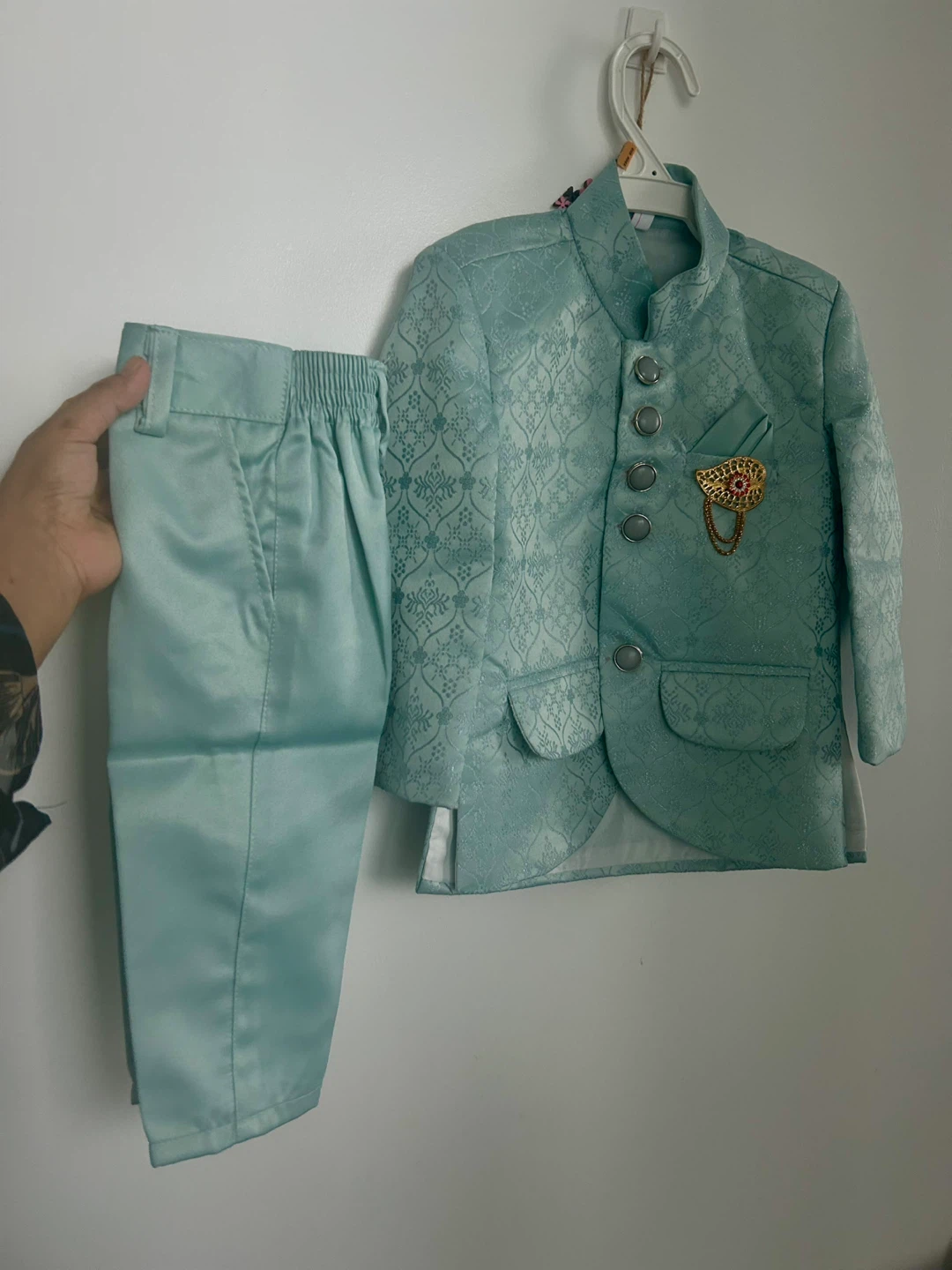 1year baby Boy Light Blue Brocade Sherwani Set with Pants - photo 2