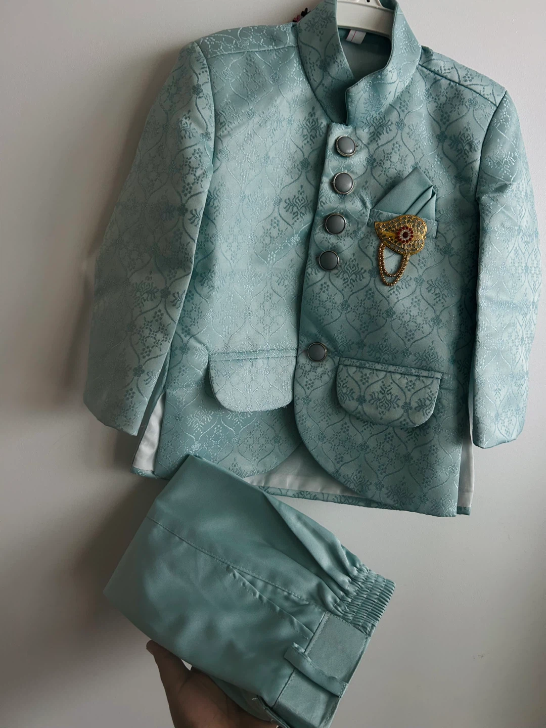 1year baby Boy Light Blue Brocade Sherwani Set with Pants - photo 3