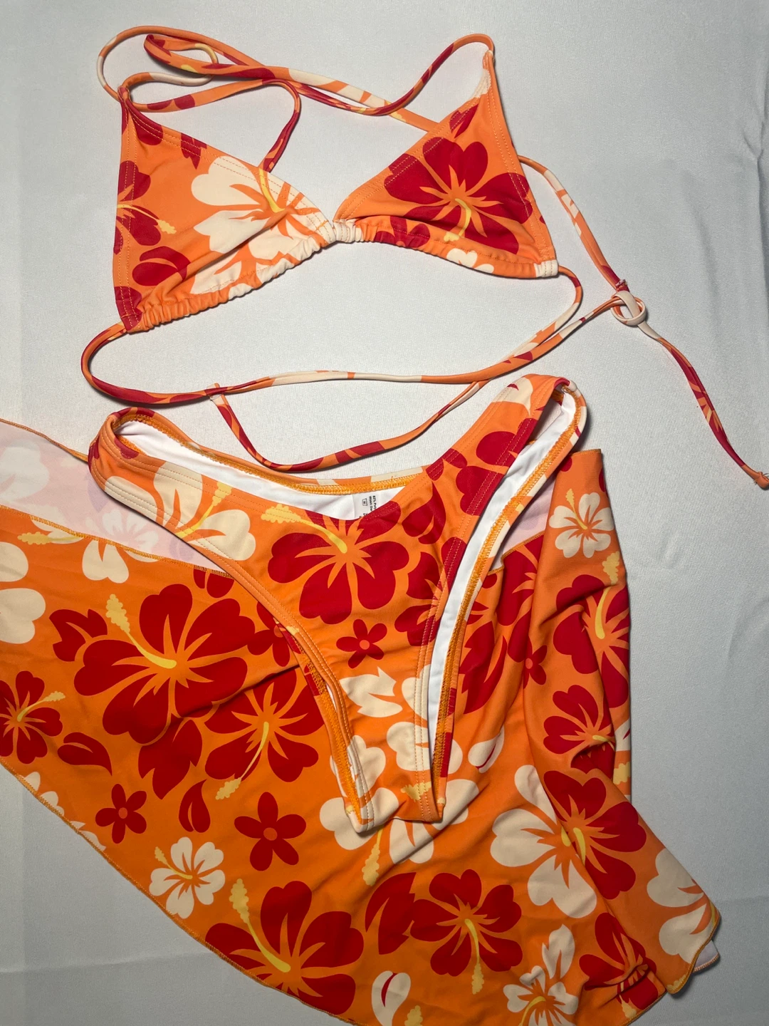 Orange Floral Bikini Set with Skirt