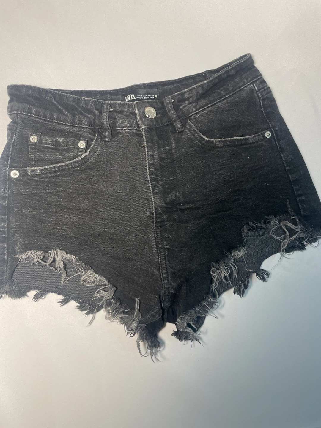 ZARA Black Denim High-Waisted Ripped Shorts