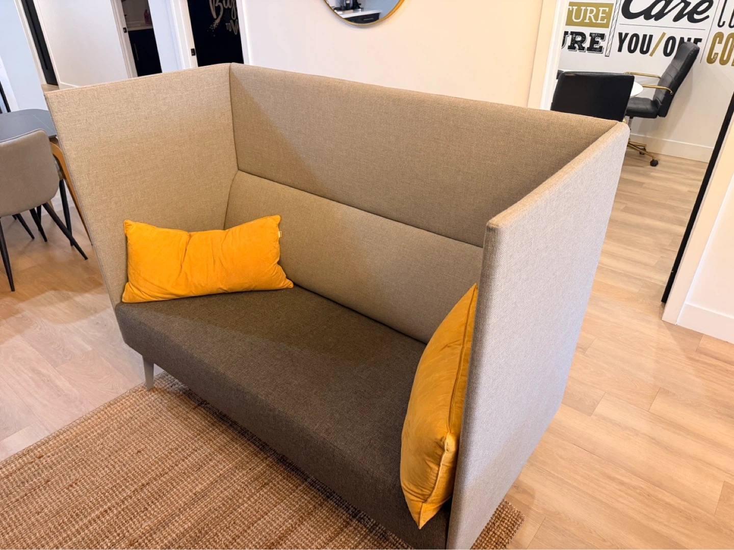 Grey Fabric High-Back Booth Seating x2 with Yellow Pillows