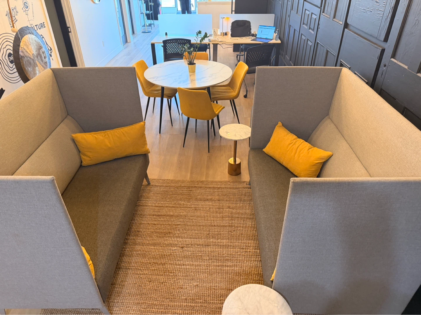 Grey Fabric High-Back Booth Seating x2 with Yellow Pillows - photo 4