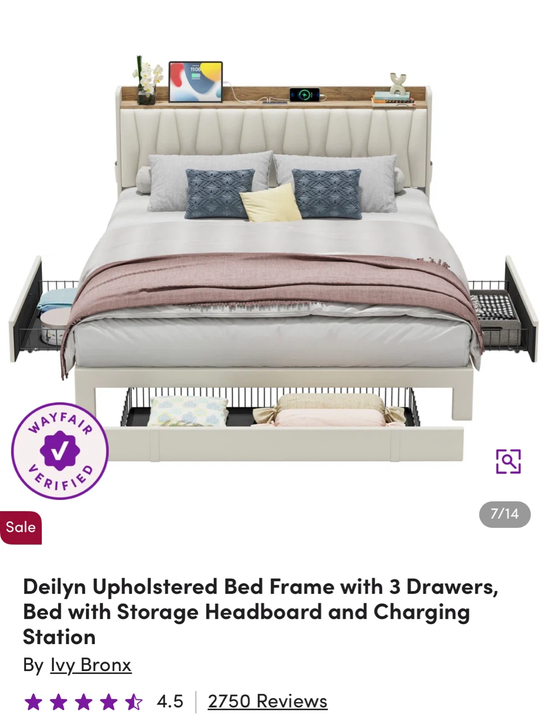 Deilyn Upholstered Bed Frame with 3 Drawers and Charging Station
