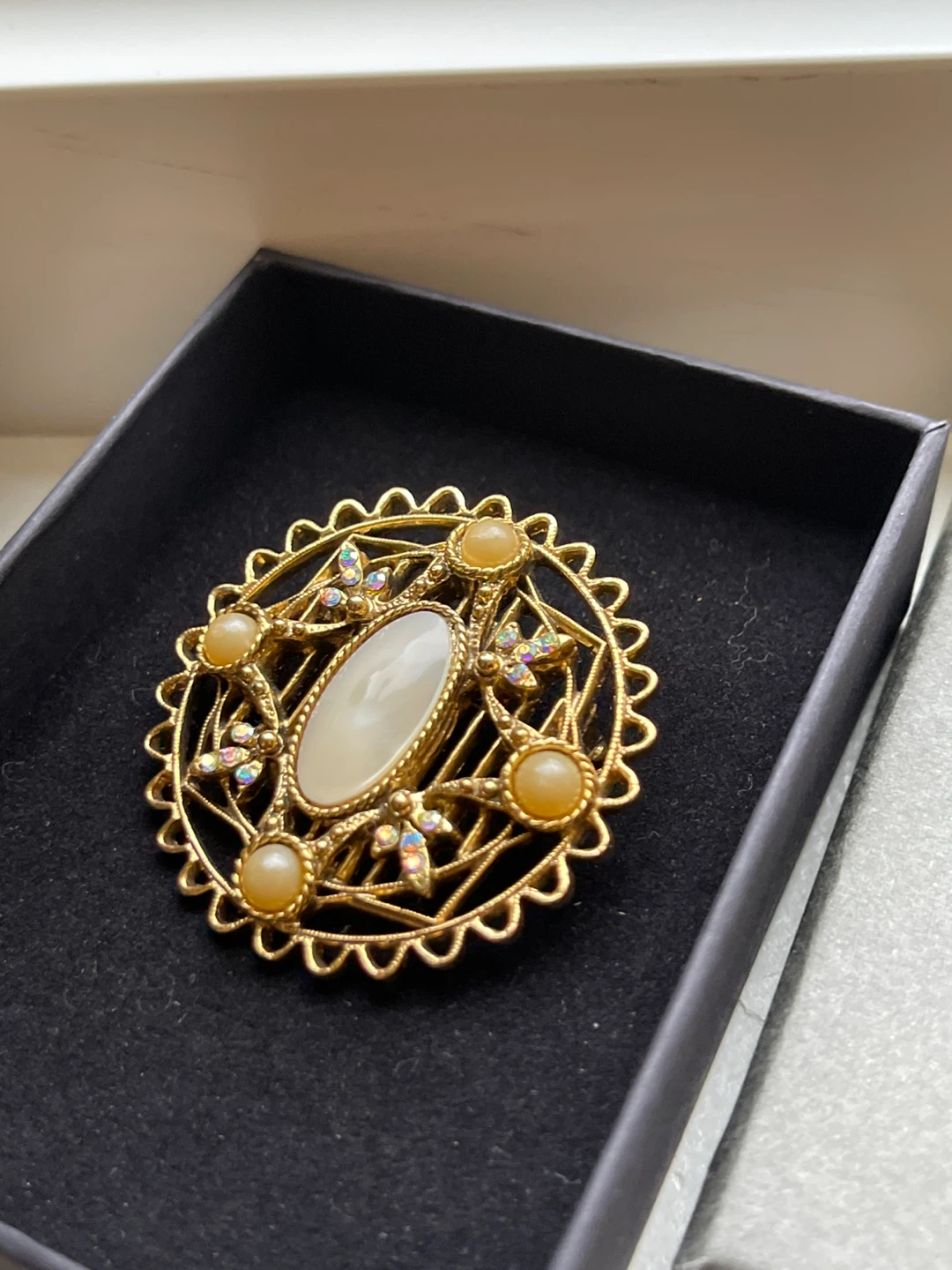 Vintage Ornate Brooch with Faux Pearls and Gemstones