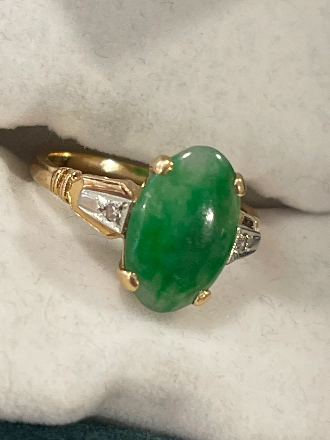 14k yellow gold Oval Chinese Jade and Diamond Ring - photo 3
