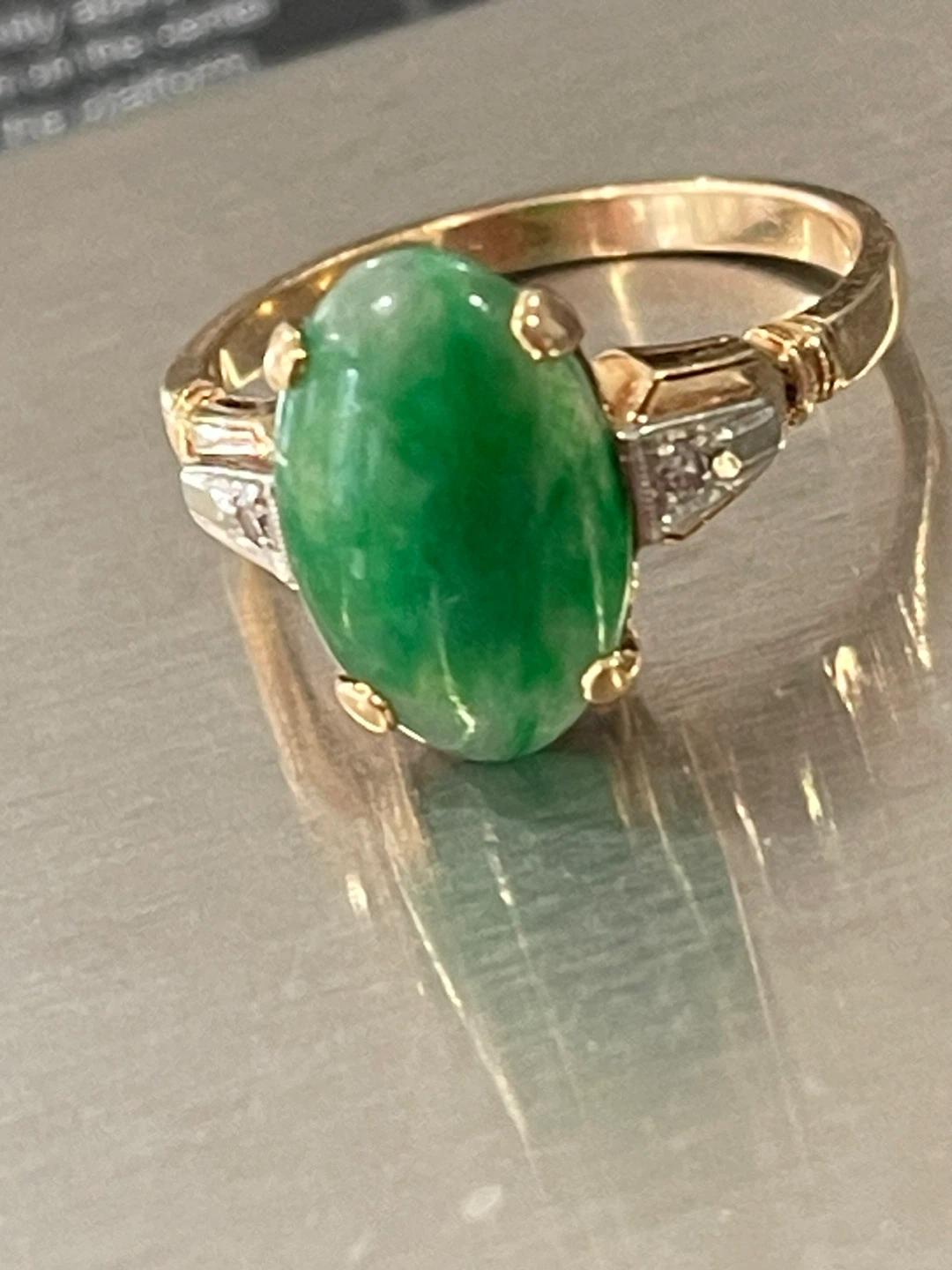 14k yellow gold Oval Chinese Jade and Diamond Ring - photo 2