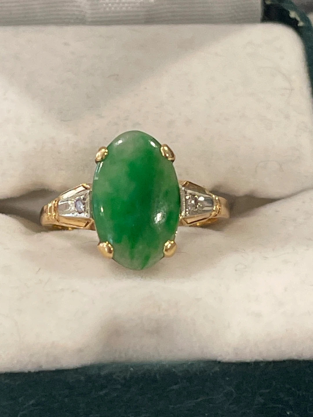 14k yellow gold Oval Chinese Jade and Diamond Ring