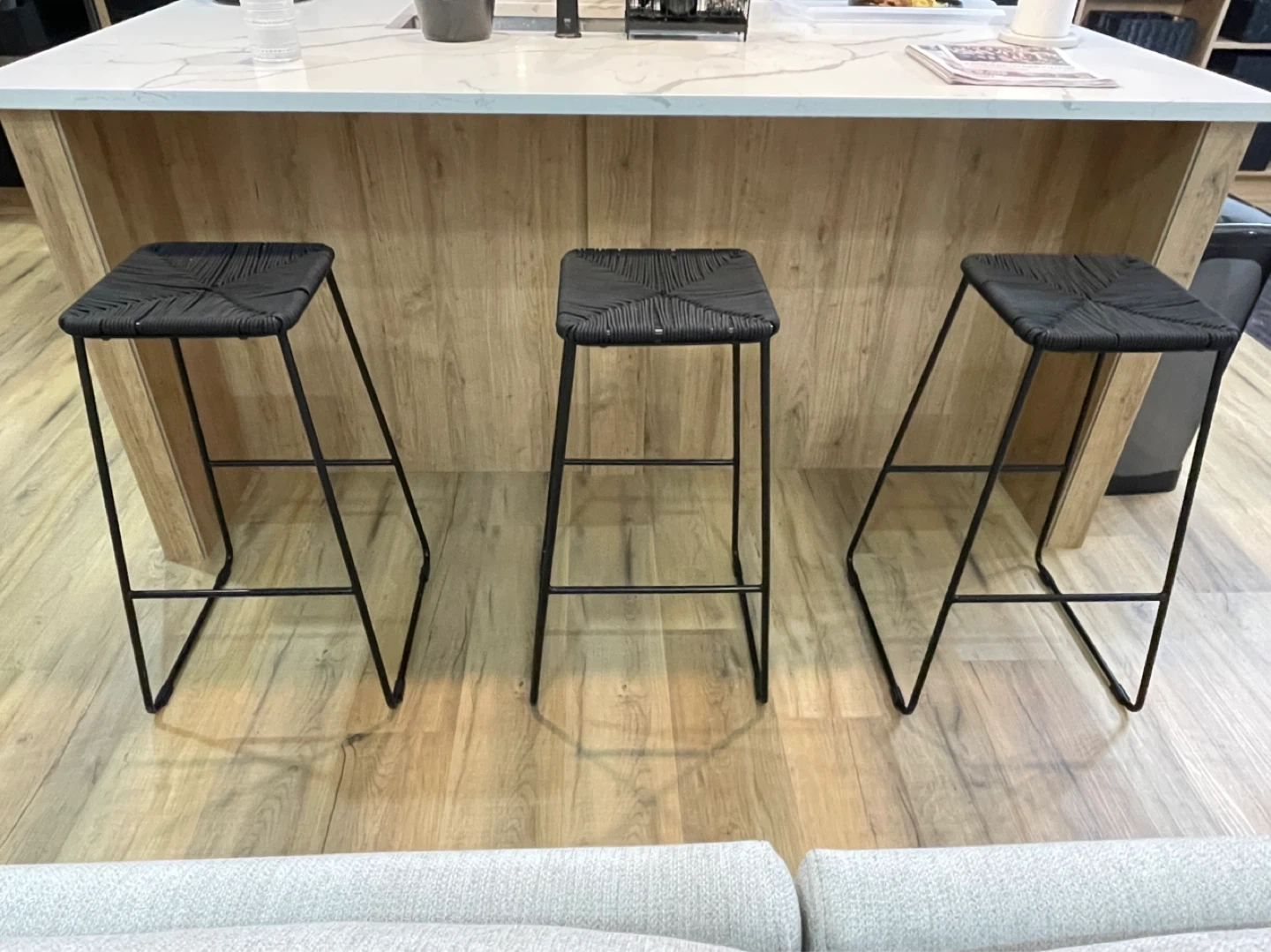 Set of 3 Black Woven Bar Stools