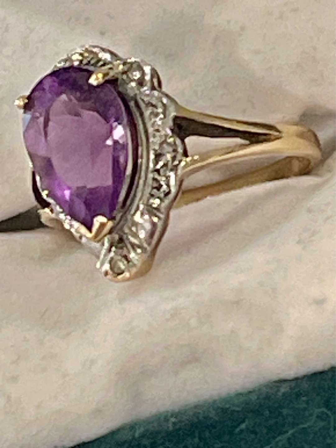 10K Gold Pear Amethyst Ring with Small Diamonds - photo 2