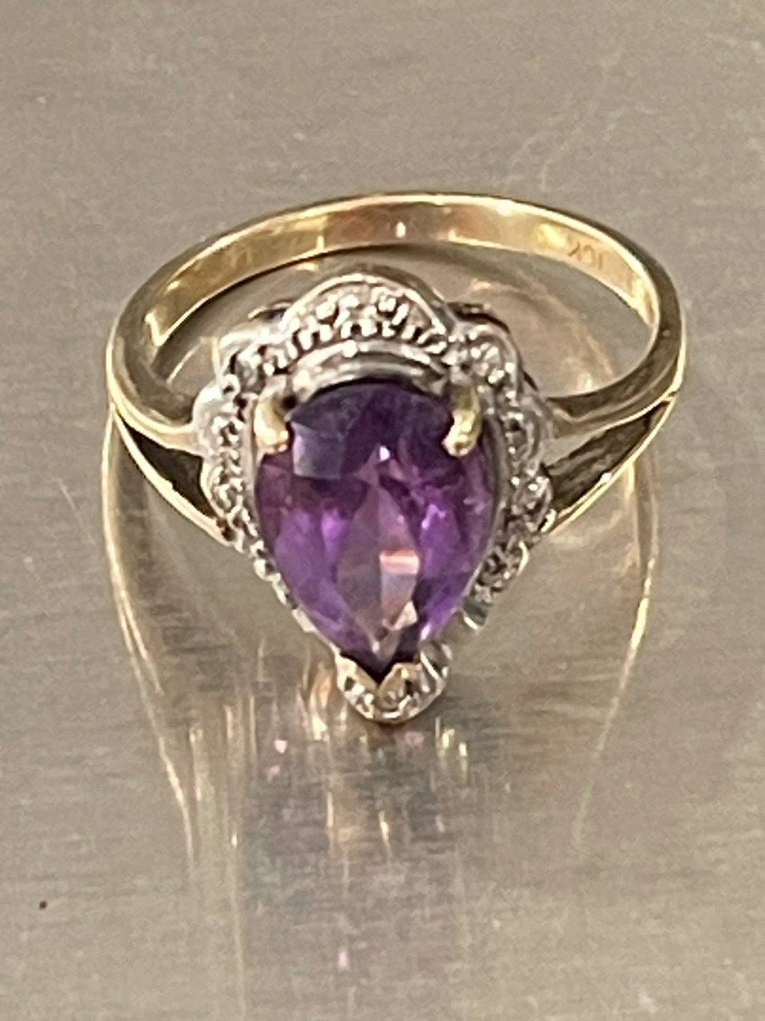 10K Gold Pear Amethyst Ring with Small Diamonds - photo 3