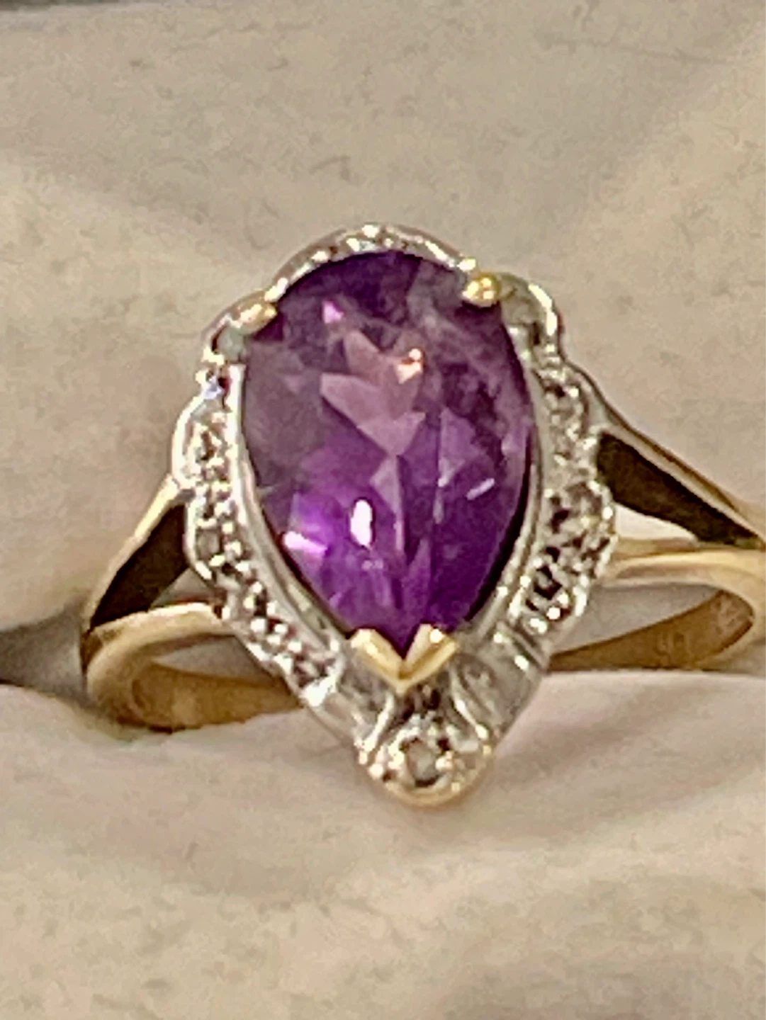 10K Gold Pear Amethyst Ring with Small Diamonds