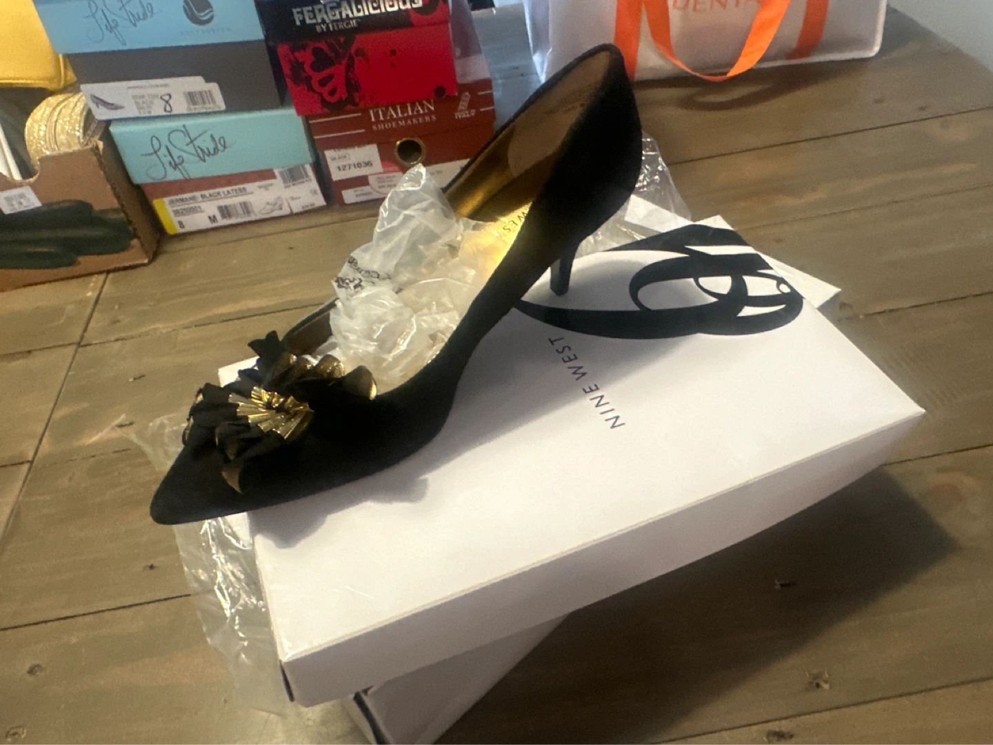 Nine West Black Heels with Gold Flower Accent